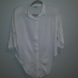 White fancy Tuck In Top with Silver Embellishments on Collar. Size Medium Vintag